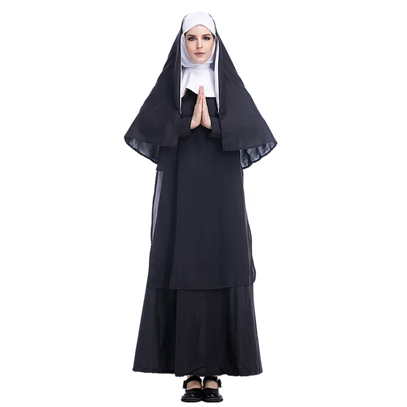 Halloween nonne soeur habitude Costume femmes missionnaire chrétien catholique Cosplay carnaval Fantasia déguisement noir longue robe