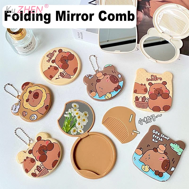 1pc Capybara Flip-Top Handheld Folding Makeup Mirror Cartoon Cute Student Small Mirror Portable Makeup Mirror Comb Gift ForWomen
