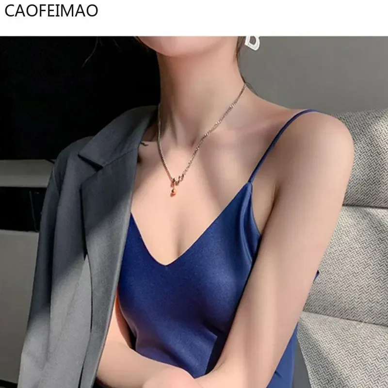 Caofeimao-女性用シルクノースリーブドレス,Vネック,スリム,セクシー,イミテーション,ロング,サマーファッション,2022