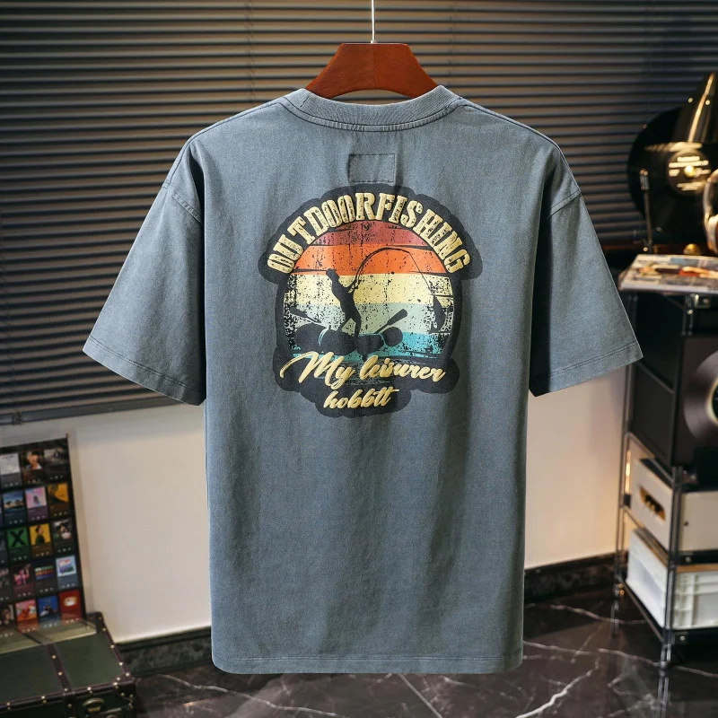 Men's Summer Heavyweight American Vintage Printed Loose Half Sleeve Versatile Daily Casual Basic T-Shirt