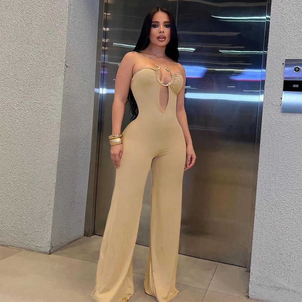 Crystal 2024 Female Clothes Sexy Bodycon Causal Backless Sleeveless Hollow Metal Decorative Jumpsuit For Women Outfits