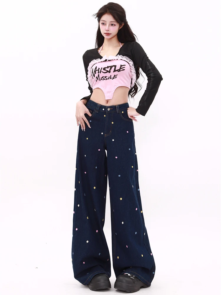 WCFCX STUDIO Flower Embroidery Jeans American Retro Straight Denim Trousers Women's Loose Versatile High Waist Wide Leg Pants