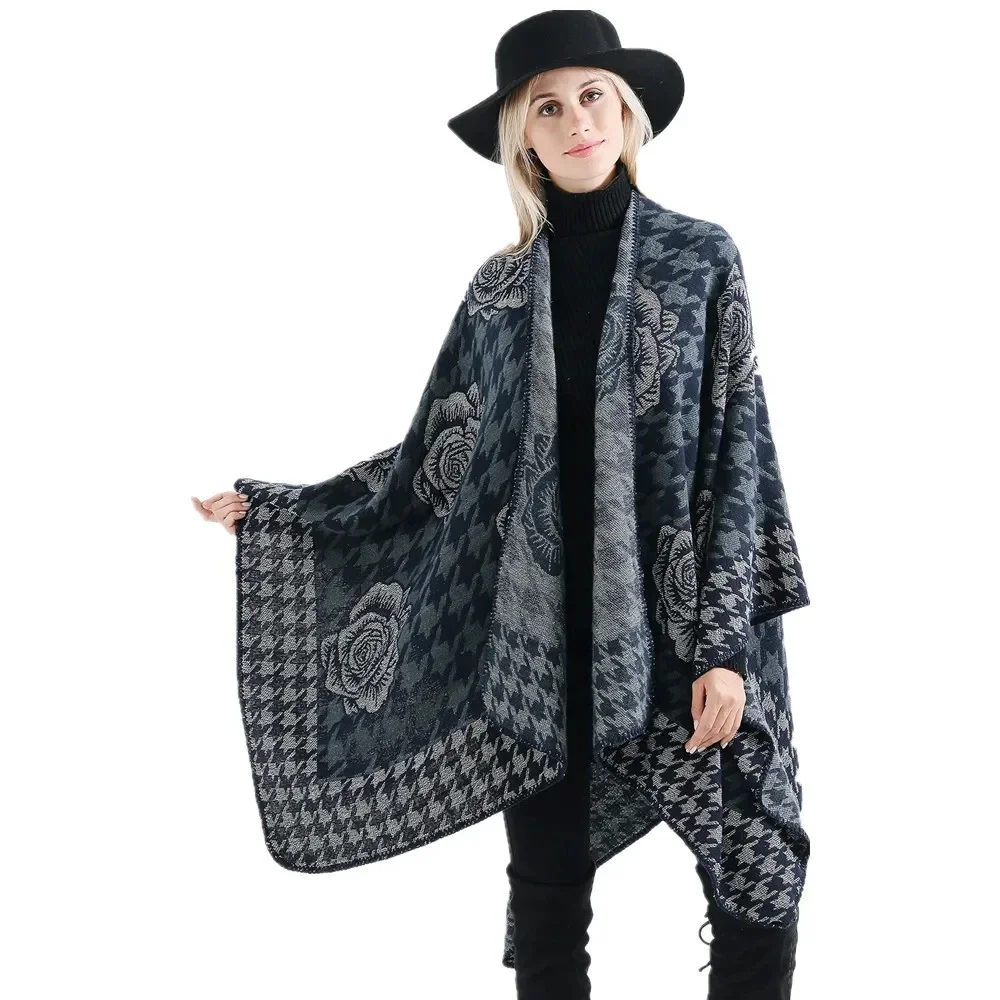 2024 Autumn Winter New Hot Selling Fashion Gold Flower Pattern Travel Imitation Cashmere Women Shawl Poncho Capes  Blue