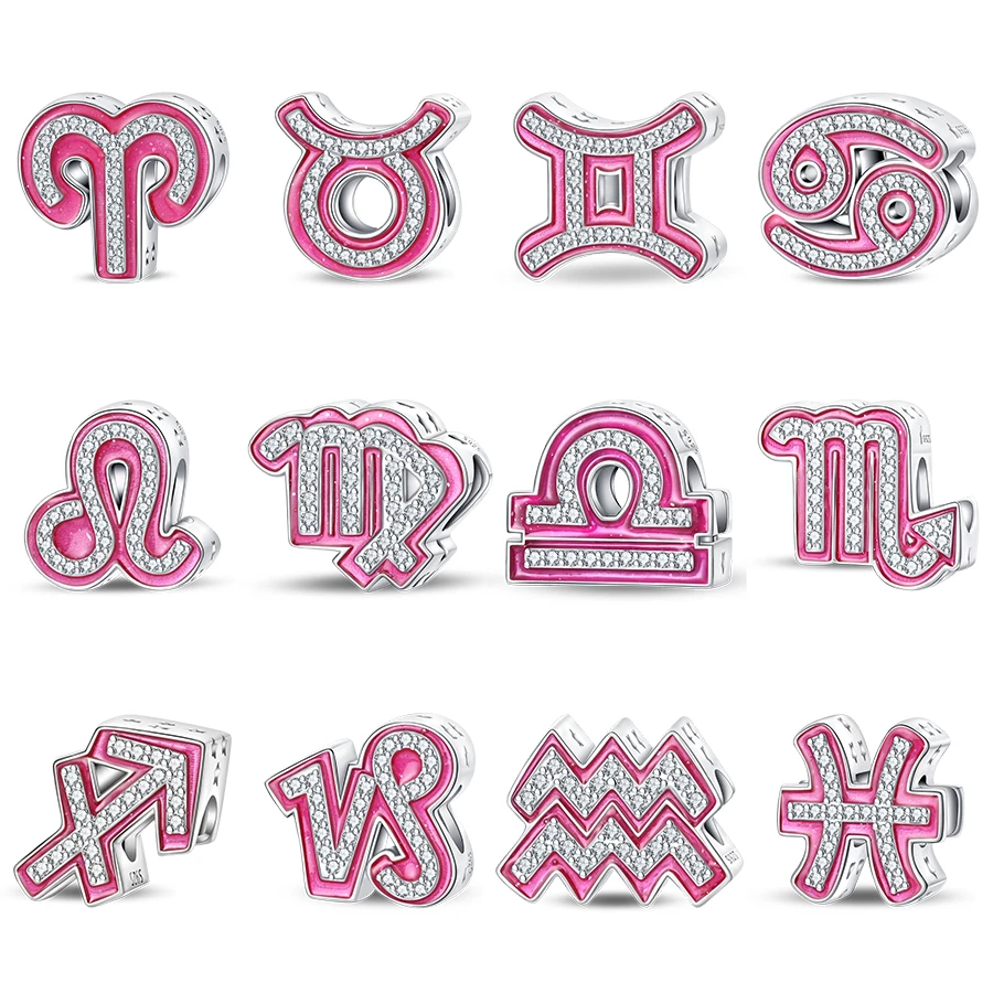 Abalorios de Plata 925 con Signos Zodiacales Rosados (Cáncer, Acuario, Escorpio, Piscis) para Pulseras Pandora Originales, Joyería Fina DIY