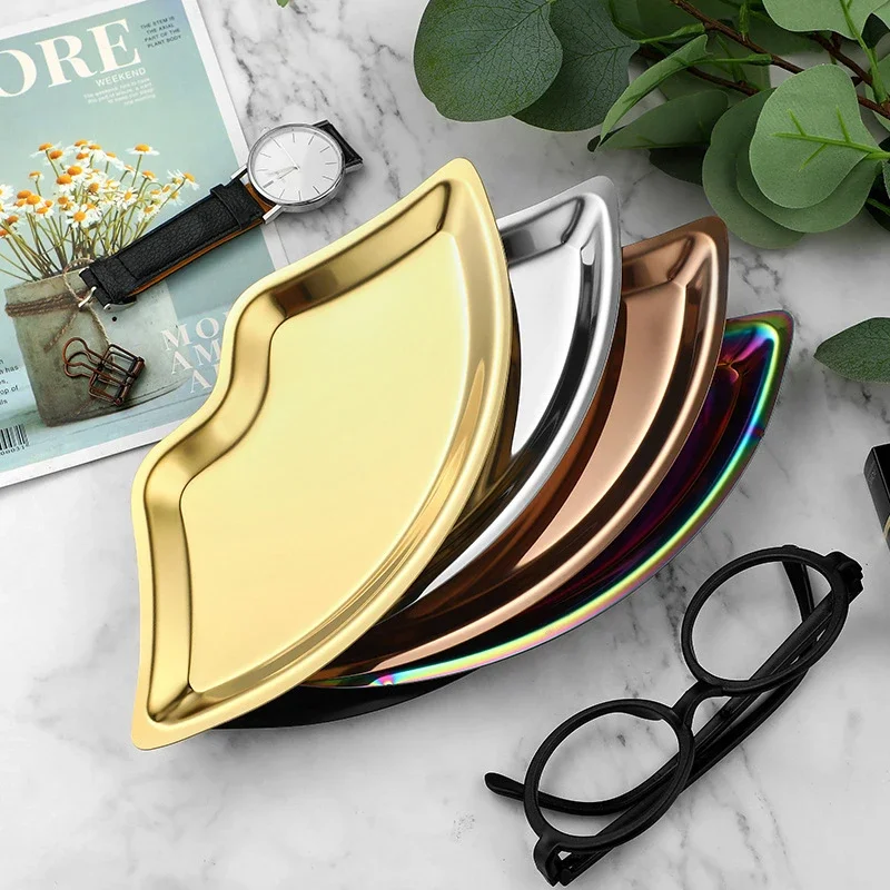 Stainless steel lip shape jewelry tray, home cosmetic metal tray, women jewelry storage tray, decoration