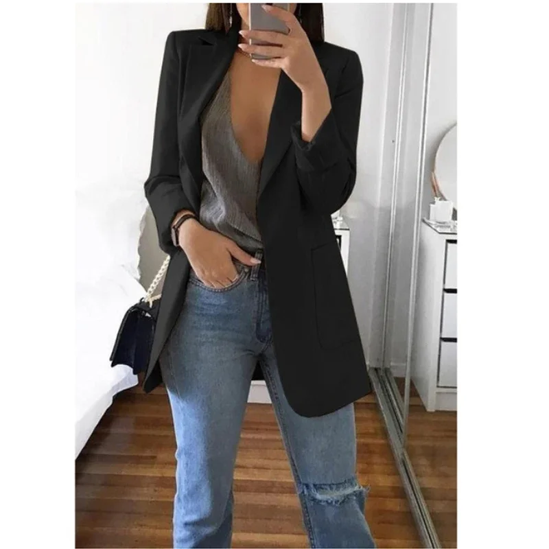 White Long Blazer Women Korean Slim Ol Style Work Blazer Black Long Sleeve Cardigan Coat Autumn Ladies Elegant Dress Suit Jacket