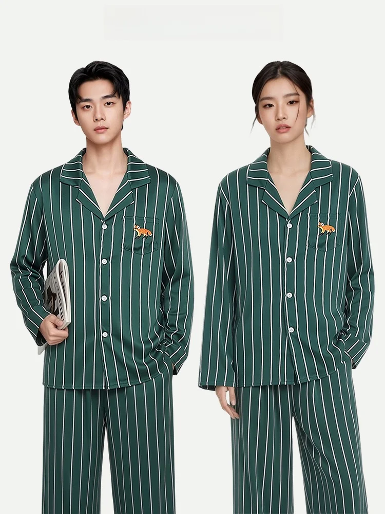 

PinkBread Striped Couple Sleepwear Women's High-End Summer Ice Silk Home Clothes Water Light Silk Long Sleeve Nightgown