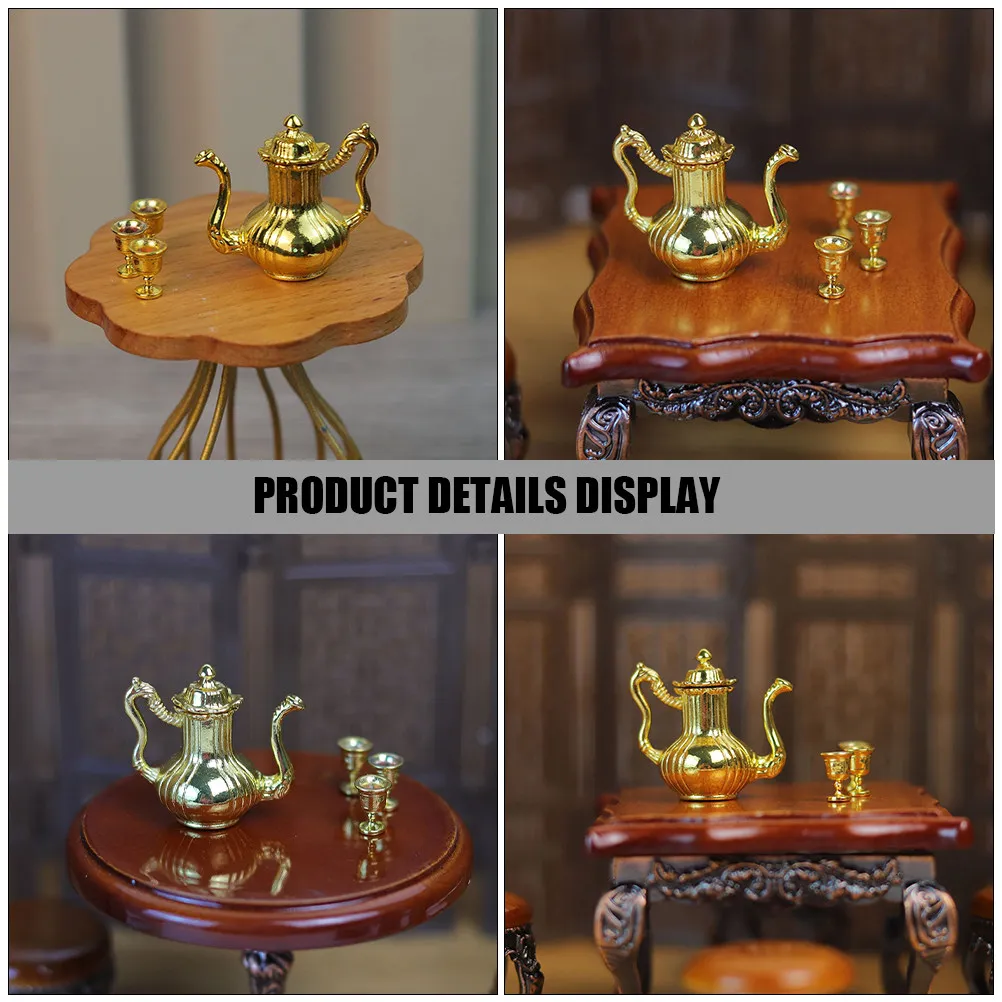 

1Set Miniature Teapot Set Alloy Mini Tea Kettle for Dollhouse Scenes Realistic Kitchen Decor Tiny House Accessories Miniature