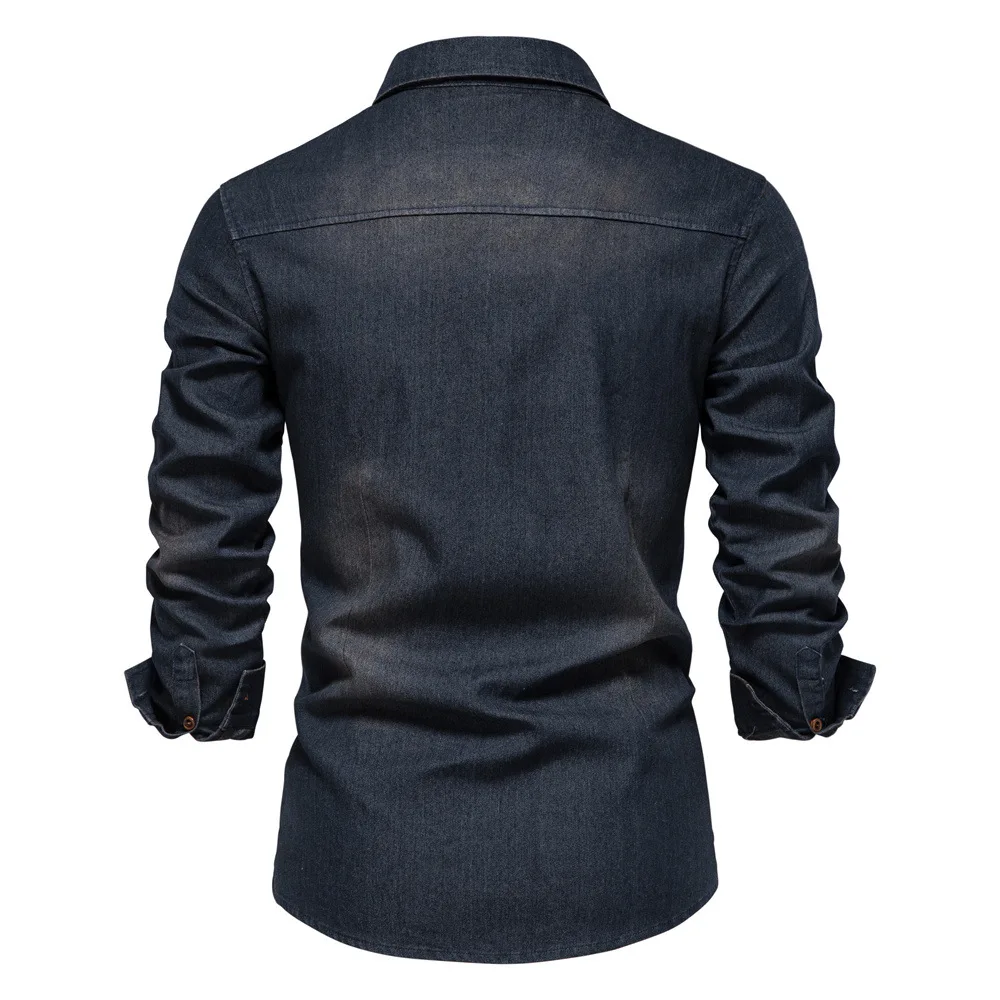 Men\'s Denim Shirt High Qualituy Elastic Cotton Long Sleeve Shirt Black Casual Slim Clothing Navy Blue Mens Fashion Shirt 2023