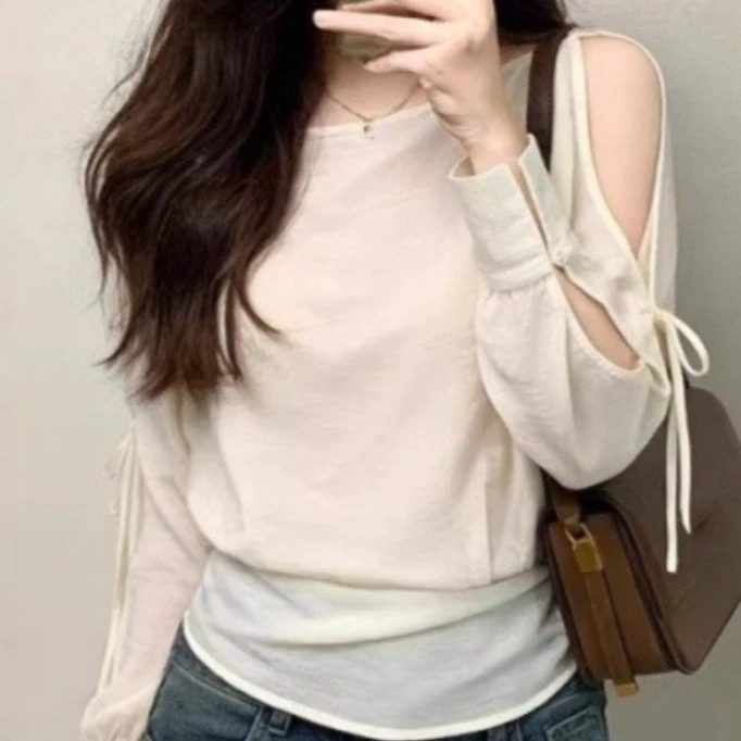 

2026 Camisas De Mujer Korean Blouses For Women Hollow Out Off Shoulder Sexy Shirts Temperament Vintage Fashion Bandage Blouse