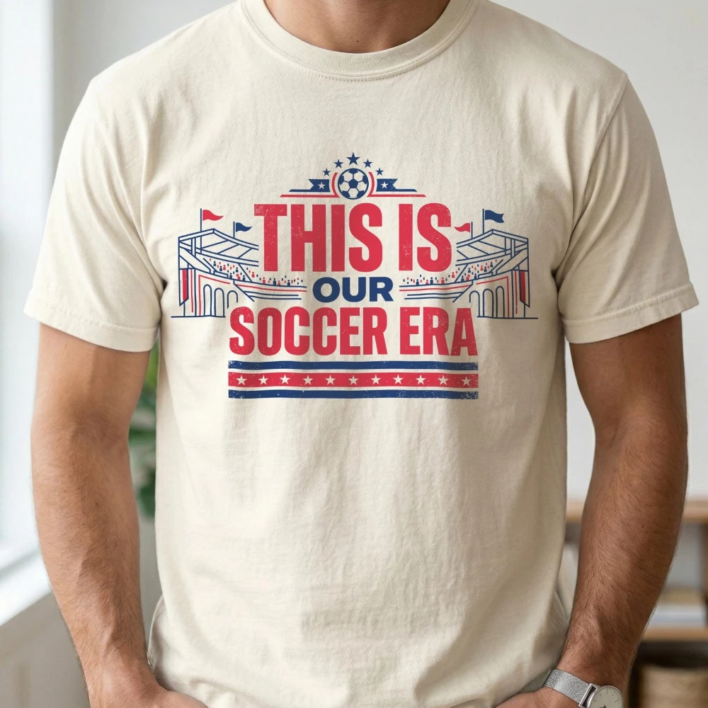 This Is Our Soccer Era Graphic Shirt Men Cotton Short Sleeve Vintage Stadium Printed Tee Soccer Party Supplies Casual Unisex Top