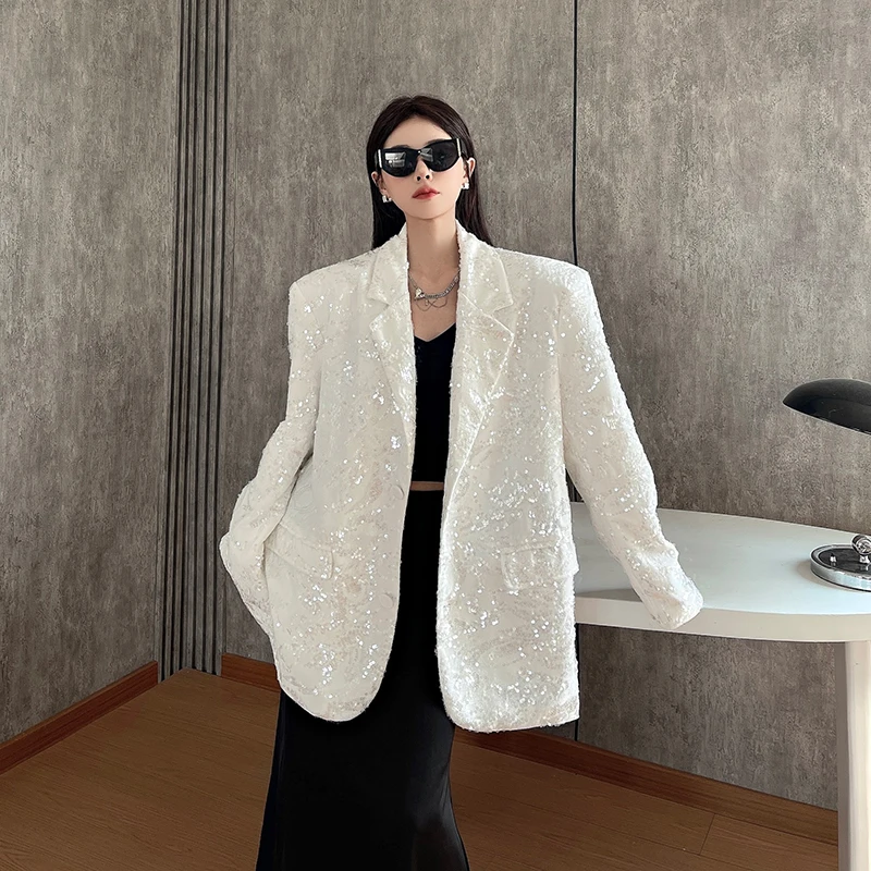SuperAen Künstlerische Pailletten Kerb Anzüge für Frauen Design Herbst Neue Lange ärmeln Druck Oversize Lose Blazer