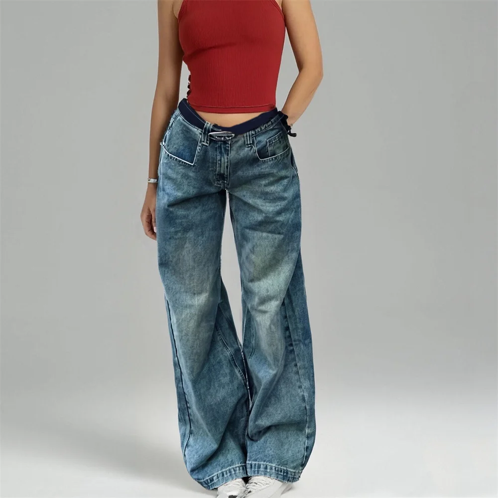 

2025 Autumn Winter Women Vintage Blue Jeans High Street Y2k Denim Pants Streetwear 2000s 90s Bell Bottom American Retro Trousers