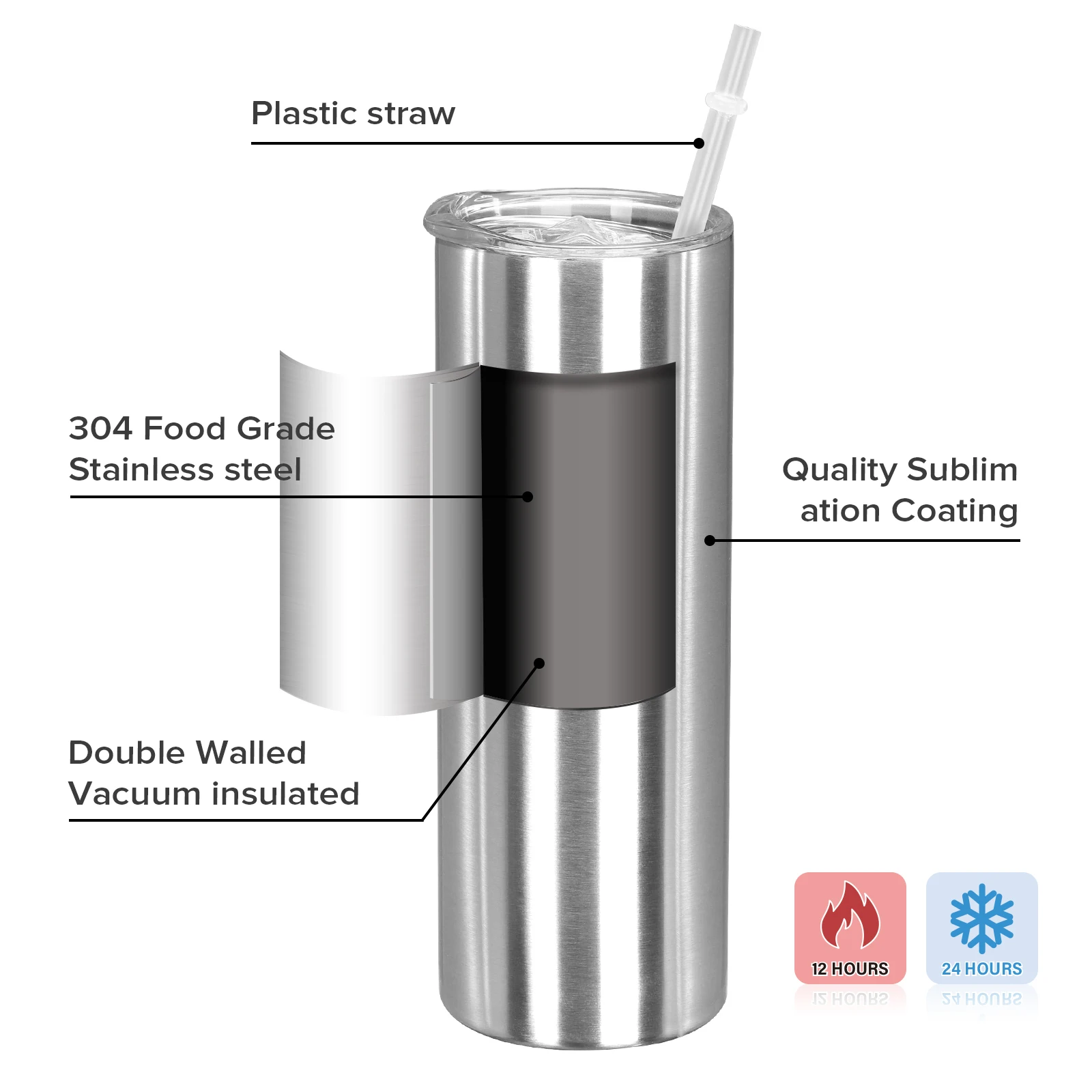 米国倉庫 20to30OZ 昇華シルバースキニータンブラーステンレス鋼ストレートタンブラーカップ二重壁真空水ボトル