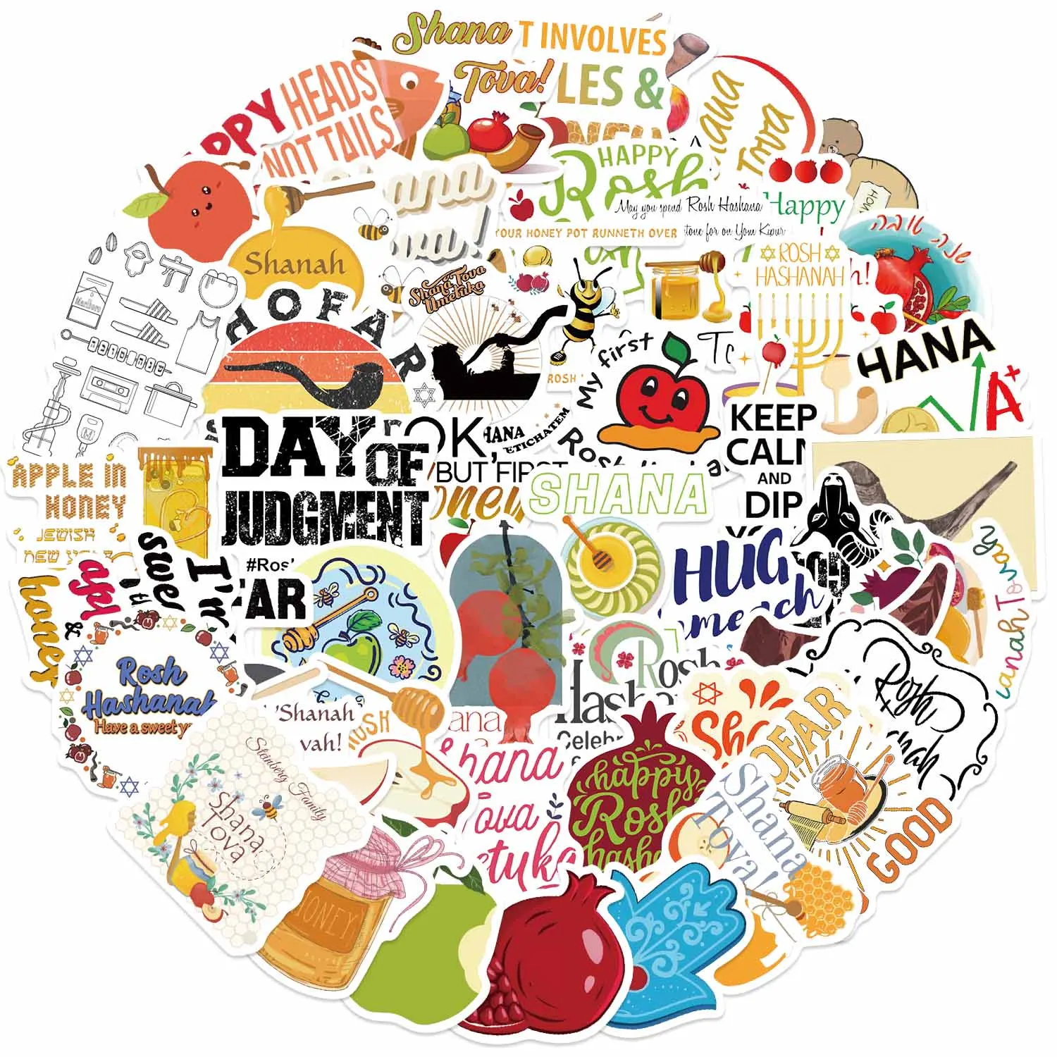 50 STKS Rosh Hashanah Stickers Kleurrijke Graffiti Stickers voor laptops, mobiele telefoons en bagagedecoratie