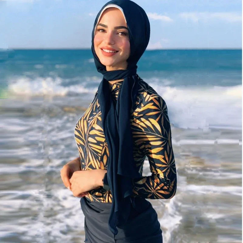 3 Pieces Set Muslim Swimwear Women\'s Printed Plain Patchwork Swimsuit Hijab Long Sleeves Sports Islamic Burkinis Wear Swimsuit