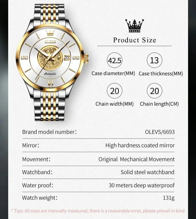 OLEVS 6693 Top Brand Dragon Mechanical Watch For Men Waterproof Automatic Dress Wrist Watches 42.5mm Big Dial Calendar Man Watch