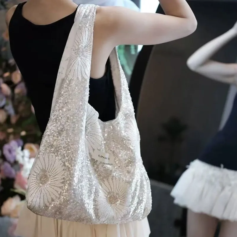 Fashion Daisy Sequins Tote Bag Women Embroidery Floral Large Capacity Soft Fabric Shoulder Pouch Ladies Y2K Princess New Handbag