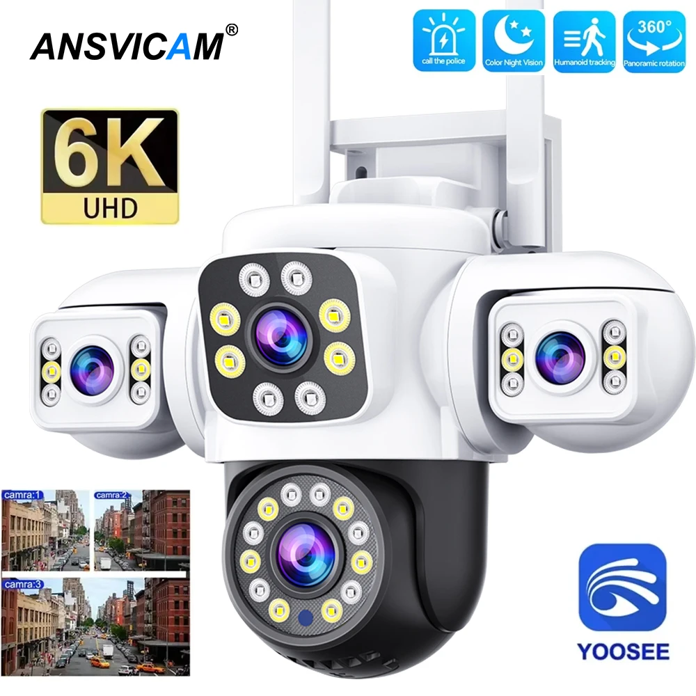 ANSVICAM 6K 12MP トリプルスクリーン トリプルレンズ 屋外 WiFi PTZ 360 °   IP66 Yoosee CCTV 監視カメラで完全なセキュリティを実現