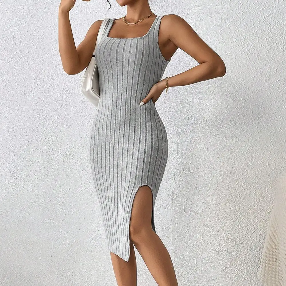 

Sleeveless Suspender Dress Summer Women Square Neck Skinny Side Split Dress Thread Sexy Skirt Breathable Club Party Midi Dress