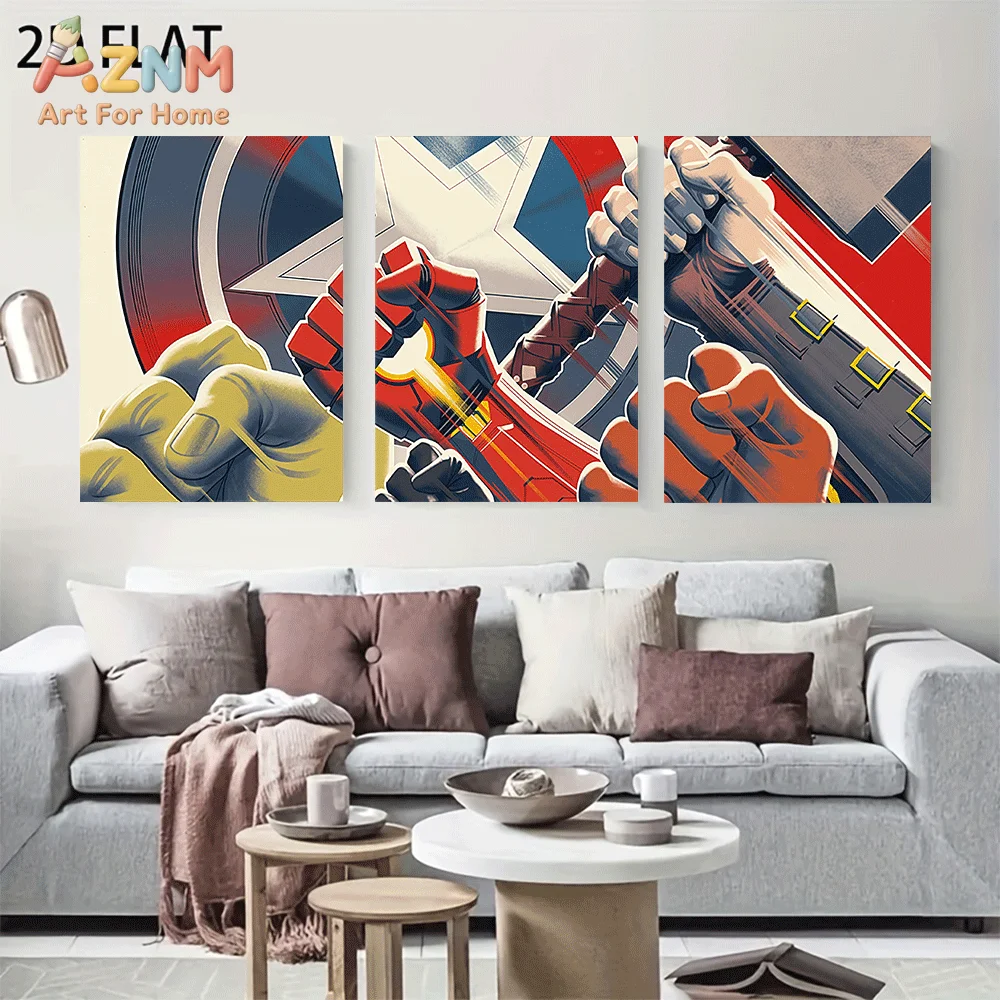 AZNM Avengers Superhero Fist Clash Canvas Wall Art Frameless Poster Retro Pop Art Hero Hand Print Home Decor for Boys Bedroom Ga