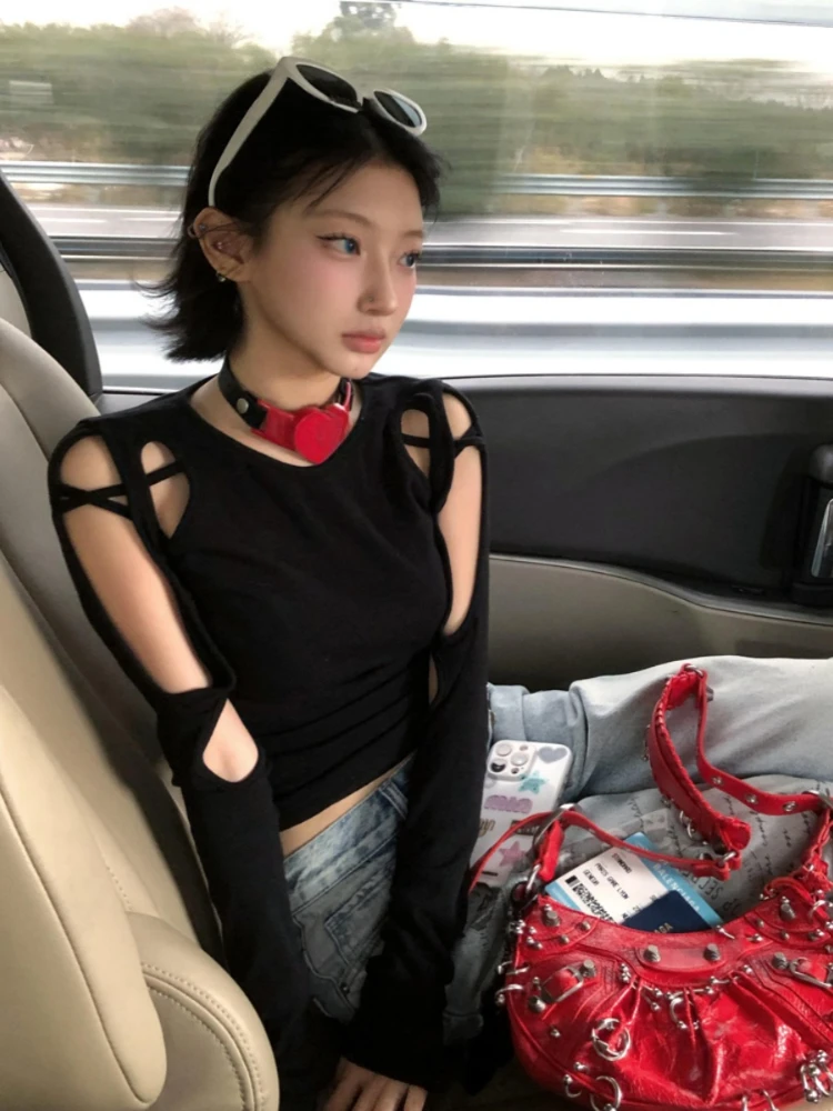 Ropa de calle de primavera, Tops recortados negros para mujer, camisetas Harajuku caladas Vintage 2025, camisetas Grunge ajustadas sexis estéticas Y2k