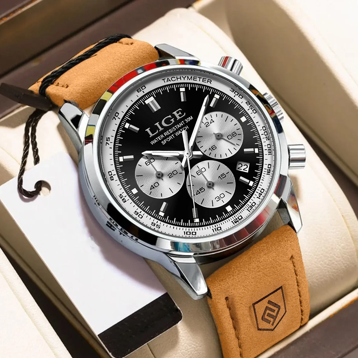 LIGE Herrenuhr, hochwertige, luxuriöse, wasserdichte Chronographen-Leuchtarmbanduhr, Leder-Quarzuhren für Herren, Freizeituhr