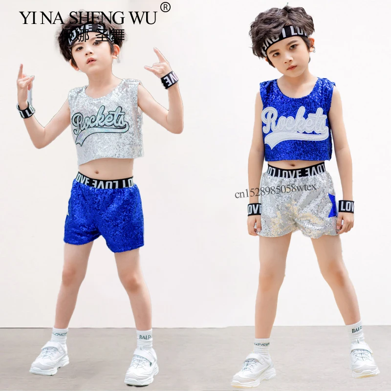 Roupas de dança jazz crianças meninas meninos lantejoulas colheita topo & saia/shorts conjunto líder de torcida dança de rua jazz palco desempenho traje