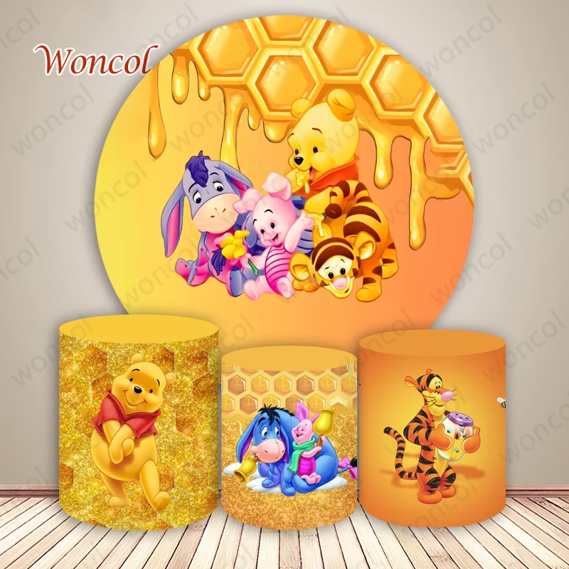 Winnie The Pooh Round Cover Winnie The Pooh Baby Shower Backdrop Piglet Tigger Eeyore Pooh Cylinder Cover 1st Kid Birthday Decor