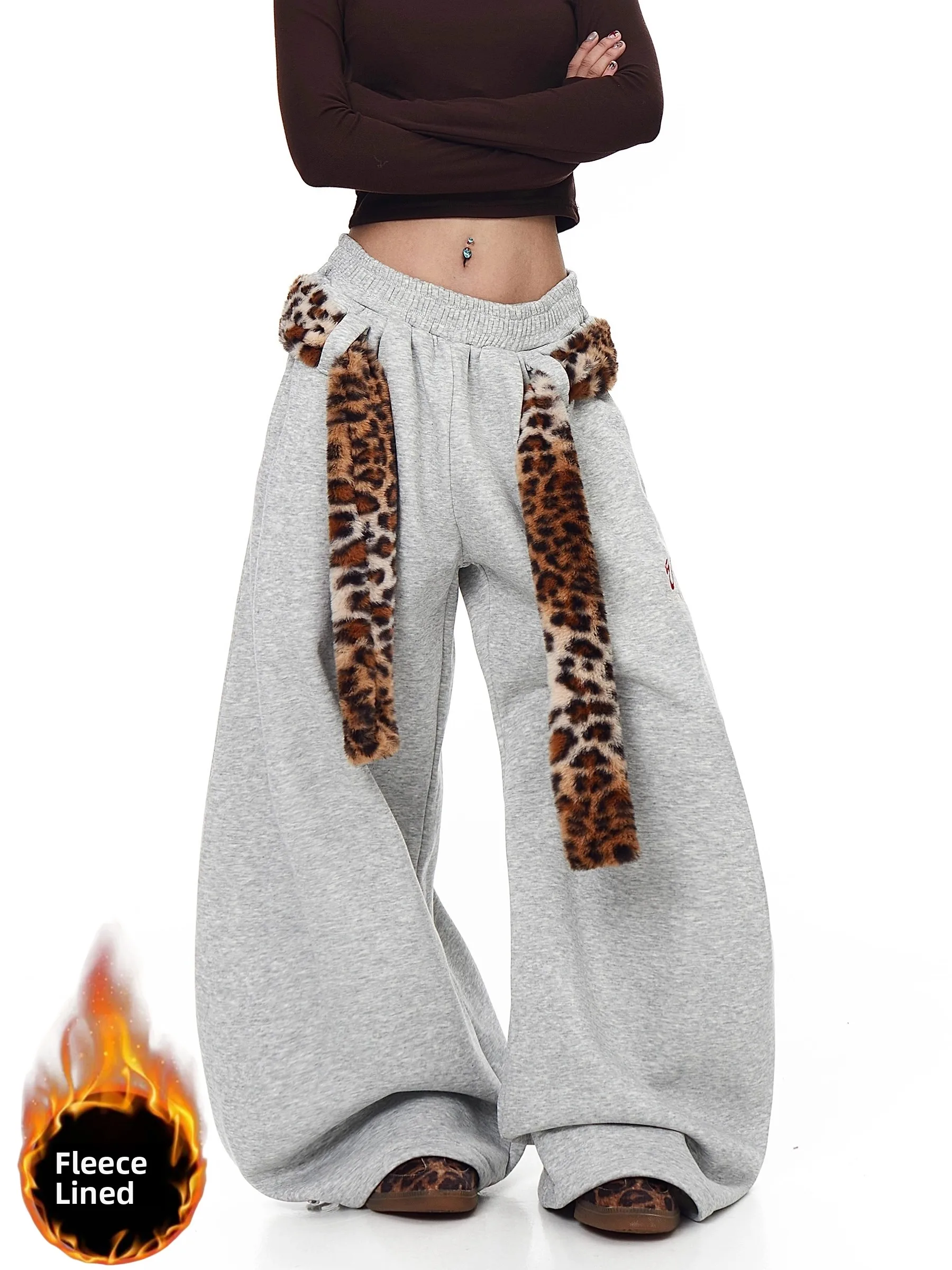 

Retro American Leopard Print Fleece Lined Thickened Jazz Dance Women's Belted Wide Leg Pants Winter Warm Casual Trousers