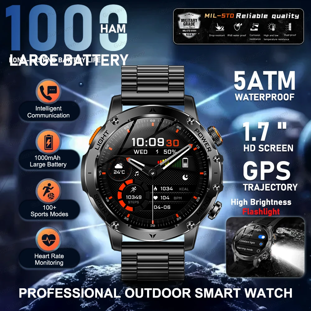 

New Outdoor Military SmartWatch Man 1.7" AMOLED Screen 1000mAh Battery 5ATM Waterproof Flashlight 100+ Sports smart watches 2025