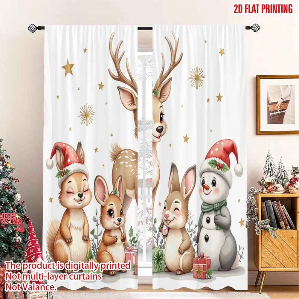 

2pcs 2D flat printing Christmas Window Drapes Cute Christmas Animals Forest Friends Fabric Without Electricity Family Party Use