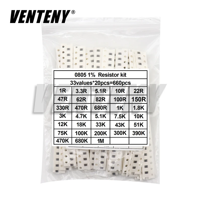 660pcs/Lot 0603 0805 1206 0402 0201 1% SMD Chip Resistor Assorted Kit 1R - 1M ohm 33valuesX20pcs Resistance Sample Set