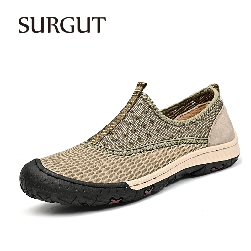 SURGUT Summer Mesh Upper Men Casual Shoes Pigskin Spliced Soft Elastic Sole For City Walk Plus Size 38-46