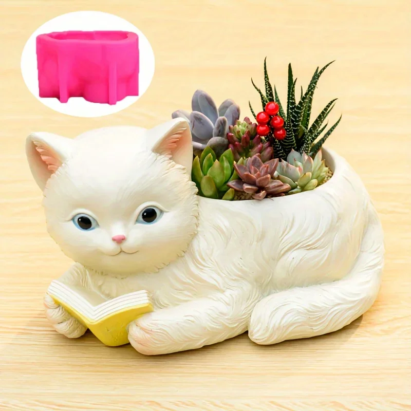 Bookholder Cat Succulent Plant Flower Pot Resin Silicone Mold Cute Cat Storage Box Concrete Mould Cat Candle Cup Gypsum Molds