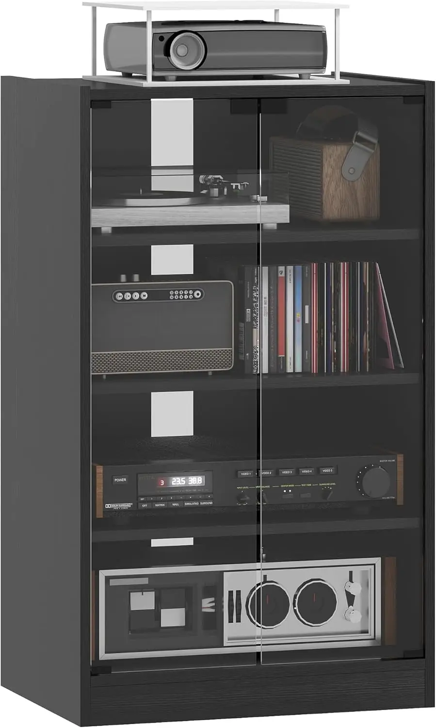 

Media Cabinet, 4-Tier Stereo Cabinet, Record Player Stand with Vinyl Record Storage, Adjustable Shelves, Tempered Glass Doors an