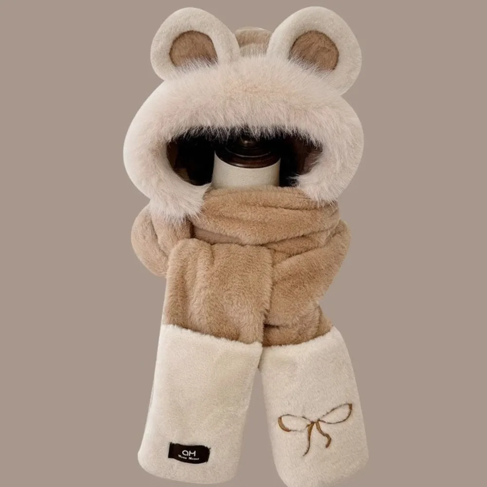 

Cute Bear Ears Plush Hat Cartoon Embroidery Bow Scarf Hat Glove for Women Warmer Ear Protection Furry Scarf Cap Set Riding