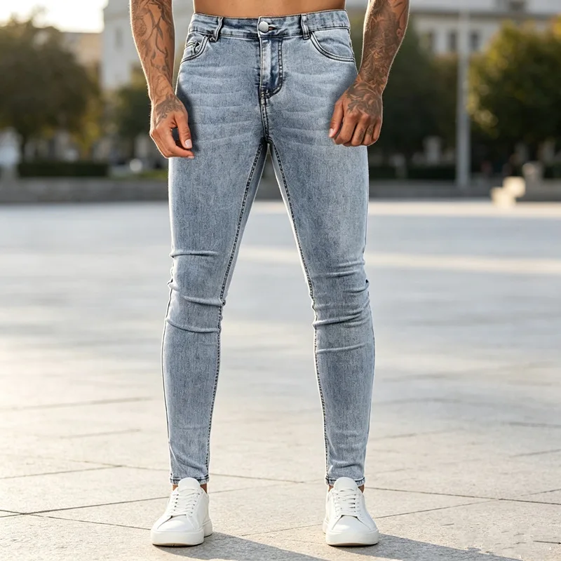 Men Casual Light Blue Acid Wash Stretch Skinny Jeans Slim Fit Wrinkle Faded Hip Hop Denim Trousers