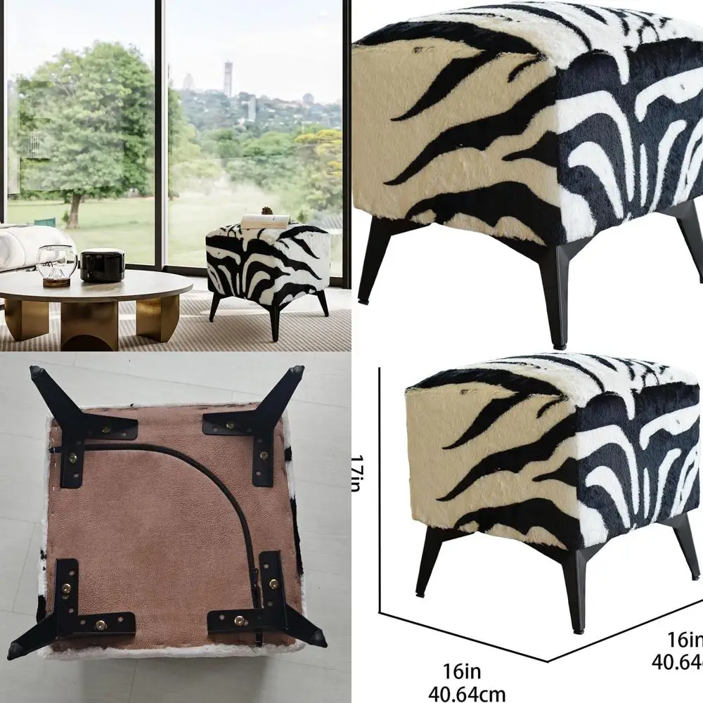 

Zebra-Printed Faux Fur Ottoman, 16x16x17 Upholstered Footrest with Metal Legs for Home Decor