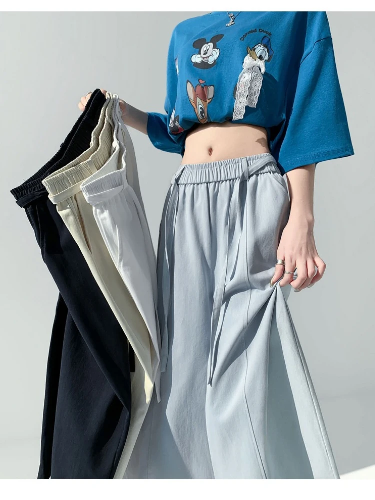 

Однотонные широкие брюки с изогнутым кроем для женщин, летние, тонкие, эластичные, с высокой талией, свободные, повседневные, прямые, длиной в пол.