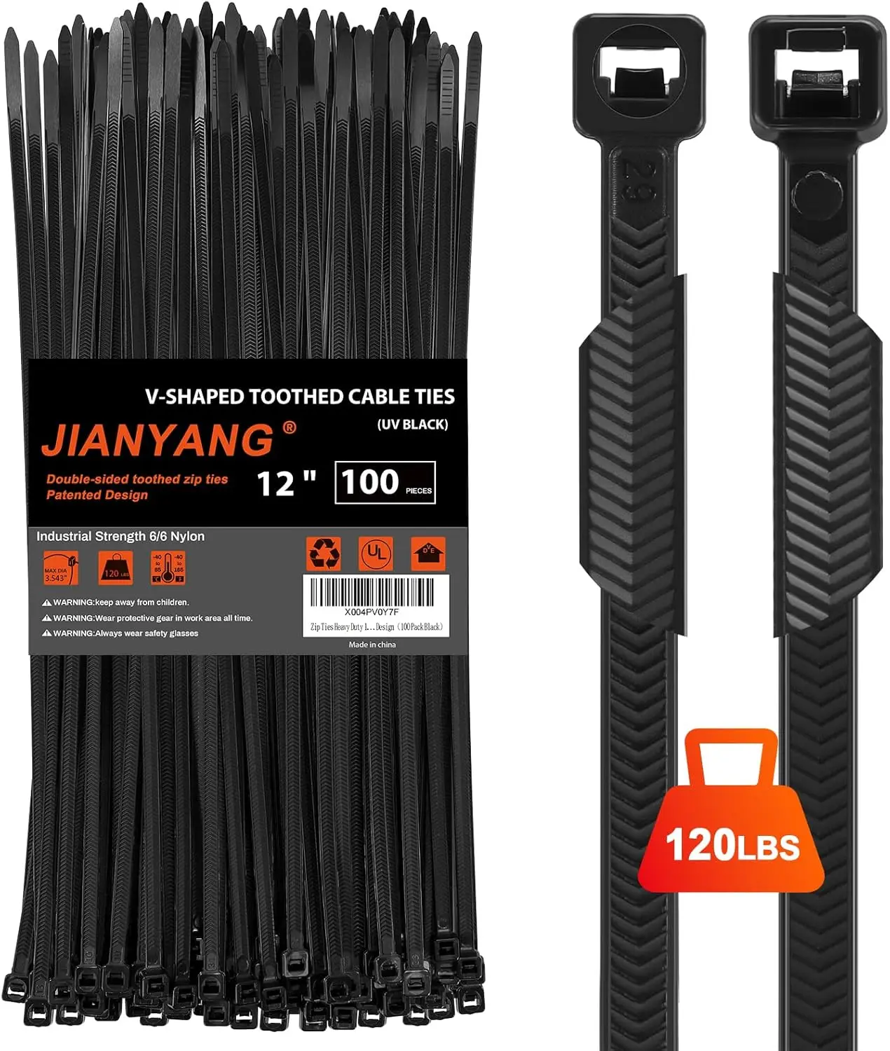 

Heavy Duty 12 Inch Zip Ties, V-Shaped Double Sided with 120 LBS Tensile Strength, Adjustable Nylon Wire Ties (100 Pack Black)