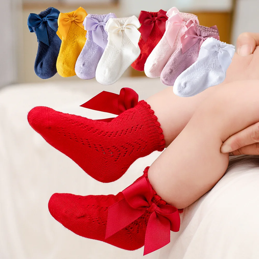 0-5Years Newborn Baby Girls Socks With Bows Breathable Toddlers Girl Short Socks Hollow Out  Kids Infant Princess Cute Socks