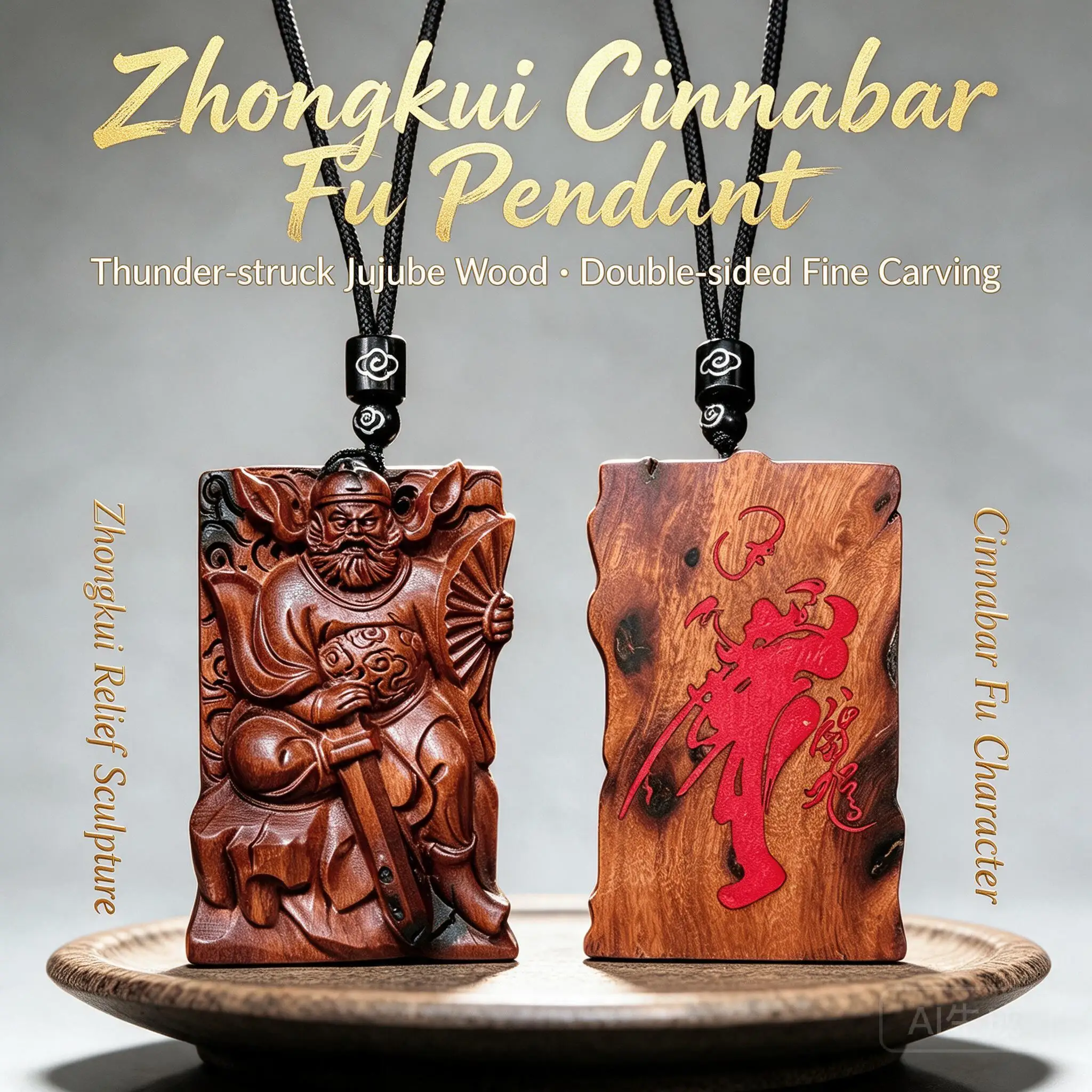 Chinese Feng Shui Zhong Kui Pendant Sand Filled Lightning Struck Jujube Wood Wu Shi Plaque No Taboo Car Hanging Luck Amulet Char