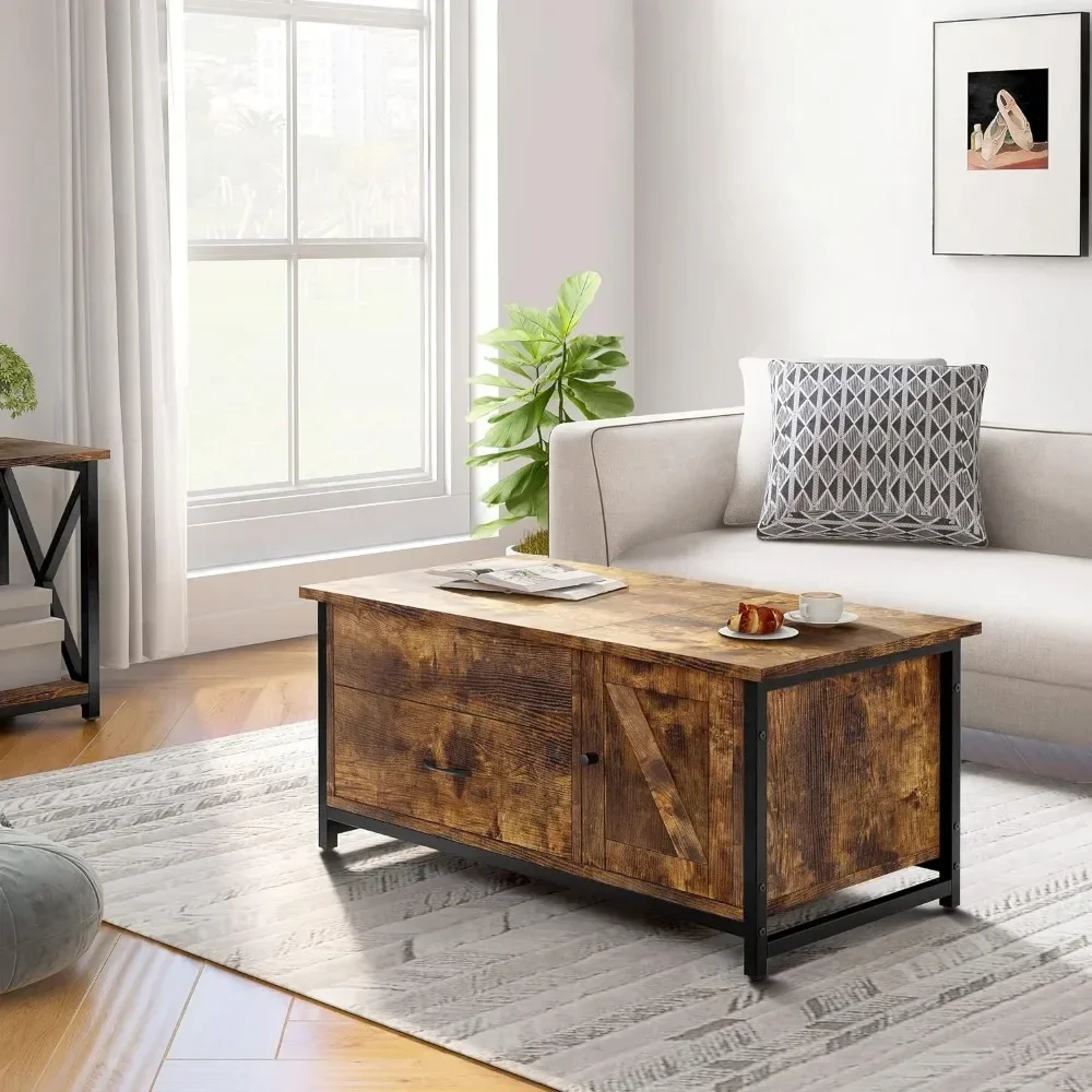 41.7“Lift Top Coffee Table With Storage Drawer& Hidden Compartment Barn Door Cabinet Center Sofa Console Table (Rustic Brown2)