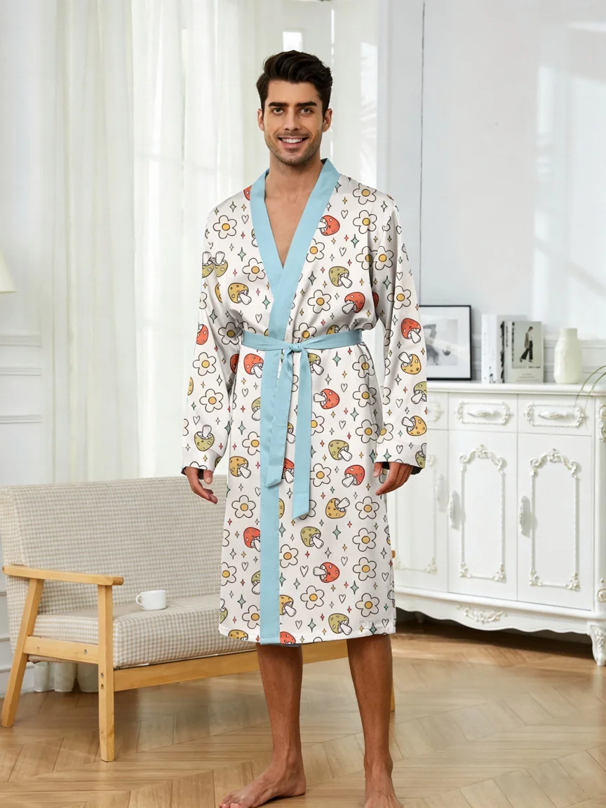 Men's lightweight quick-drying pajama bathrobe - 3D digital printing, non-fading design, stand-up collar and adjustable waistban