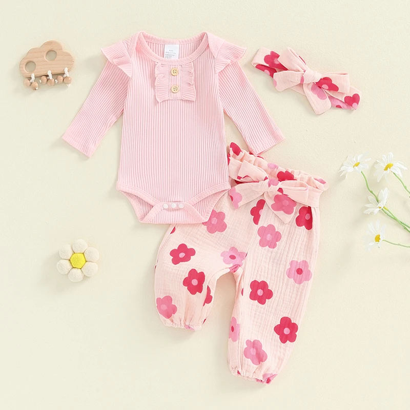 

SUNSIOM Baby Girls 3Pcs Fall Outfits Long Sleeve Ribbed Romper Elastic Waist Floral Pants Headband Set Infant Clothes