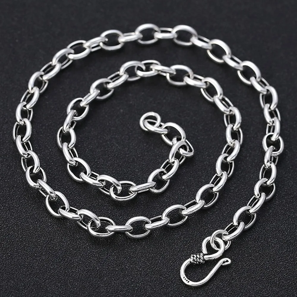 

Real Solid 925 Sterling Silver Chain Men Lucky 6mm Oval Rolo Link Necklace 27-28g/60cm