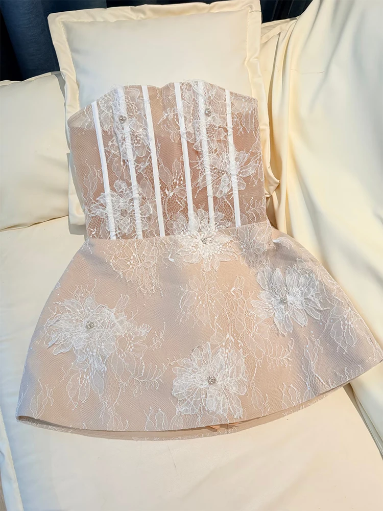 

Elegant Lace 3D Flower Strapless Dress Women's High-End Lightweight Exquisite Beautiful Birthday Dress Skirt Polyester Fiber