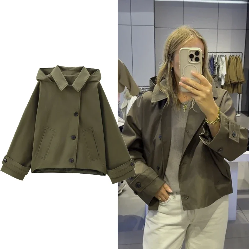 

Green Long Sleeve Hooded Coat Women's 2025 Autumn Windbreak Jacket New In Coats & Jackets Outerwear Women's Demi-Season Jacket