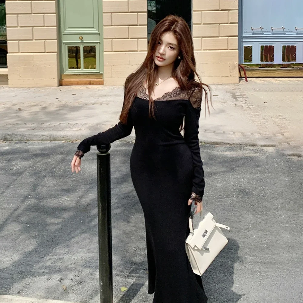 Elegant Lace Splice V-neck Long Dress Women's Slim Fit Fish Tail Gown Autumn Winter Style Cotton Knitted High Waist Dress